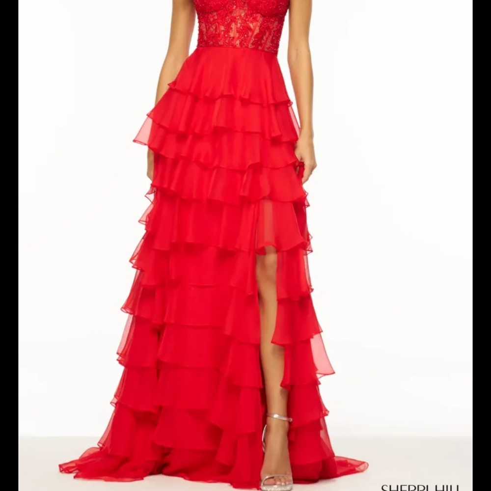 Sherri Hill Red Lace Tiered Gown